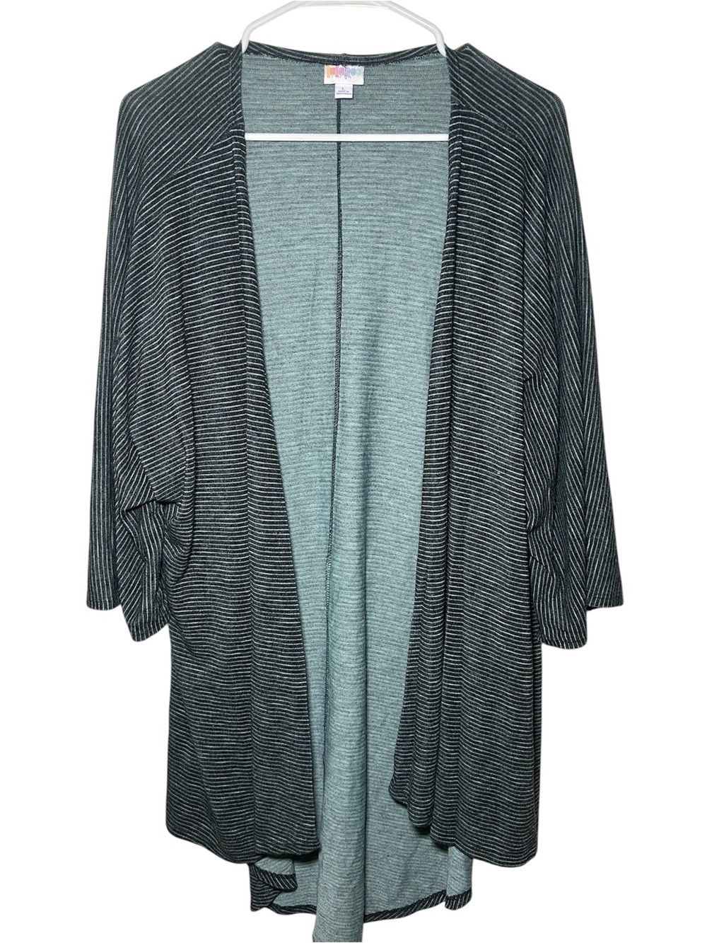 Lularoe Lightweight Green & Gray Striped Open-Front Women’s Cardigan Large